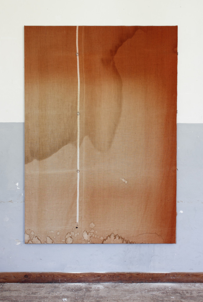 Tiziano Martini, untitled, effects of sunlight and dirt on red faided fabric mounted on wooden stretcher, metal, 200x140 cm